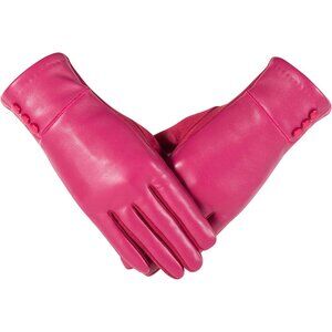 Womens Rose-Red Winter Fashion Leather Windproof Warm Suede Driving Dress Gloves